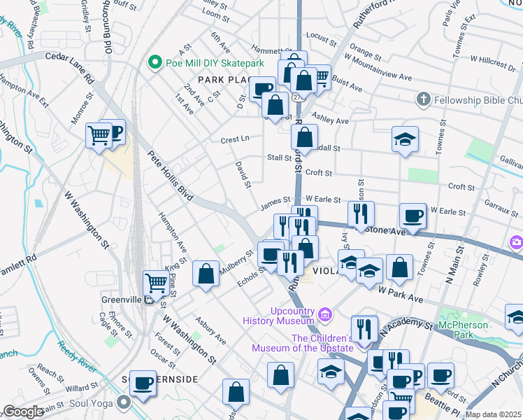 map of restaurants, bars, coffee shops, grocery stores, and more near 30 James Street in Greenville