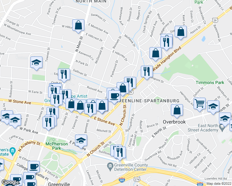 map of restaurants, bars, coffee shops, grocery stores, and more near 107A Mohawk Drive in Greenville
