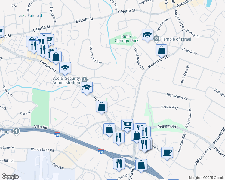 map of restaurants, bars, coffee shops, grocery stores, and more near 103 Caledon Court in Greenville