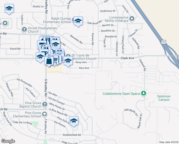 map of restaurants, bars, coffee shops, grocery stores, and more near 1283 Hollysprings Lane in Santa Maria