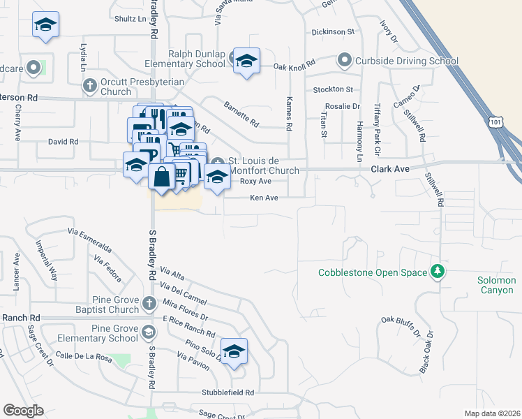 map of restaurants, bars, coffee shops, grocery stores, and more near 1265 Hollysprings Lane in Santa Maria