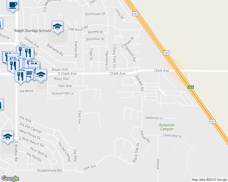 map of restaurants, bars, coffee shops, grocery stores, and more near 1519 Jensen Ranch Road in Santa Maria