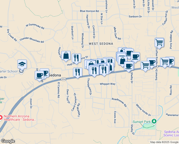 map of restaurants, bars, coffee shops, grocery stores, and more near 45 Harmony Drive in Sedona