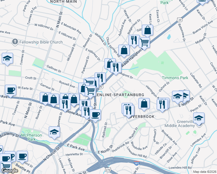 map of restaurants, bars, coffee shops, grocery stores, and more near 115 Mount Eustis Street in Greenville
