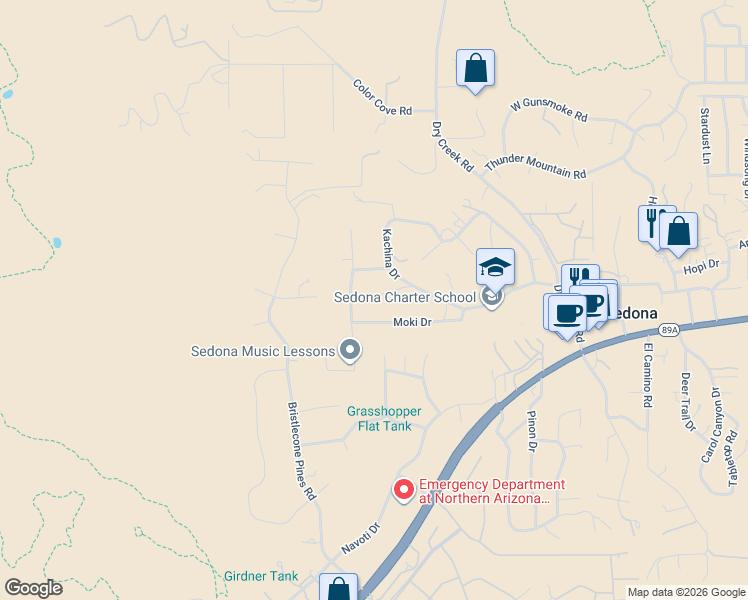 map of restaurants, bars, coffee shops, grocery stores, and more near 85 Piki Drive in Sedona