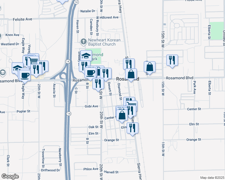 map of restaurants, bars, coffee shops, grocery stores, and more near 2936 Desert Street in Rosamond