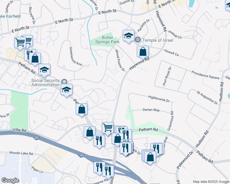 map of restaurants, bars, coffee shops, grocery stores, and more near 5 Crystal Springs Road in Greenville