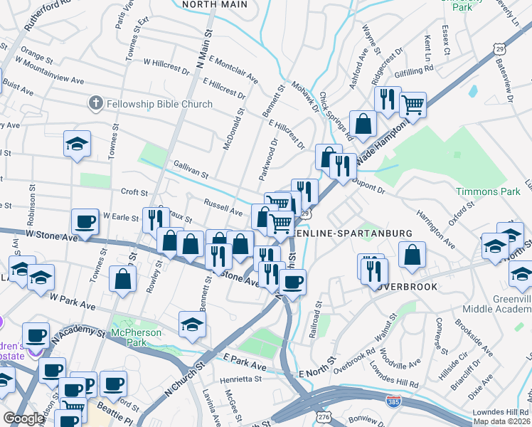 map of restaurants, bars, coffee shops, grocery stores, and more near 107A Mohawk Drive in Greenville