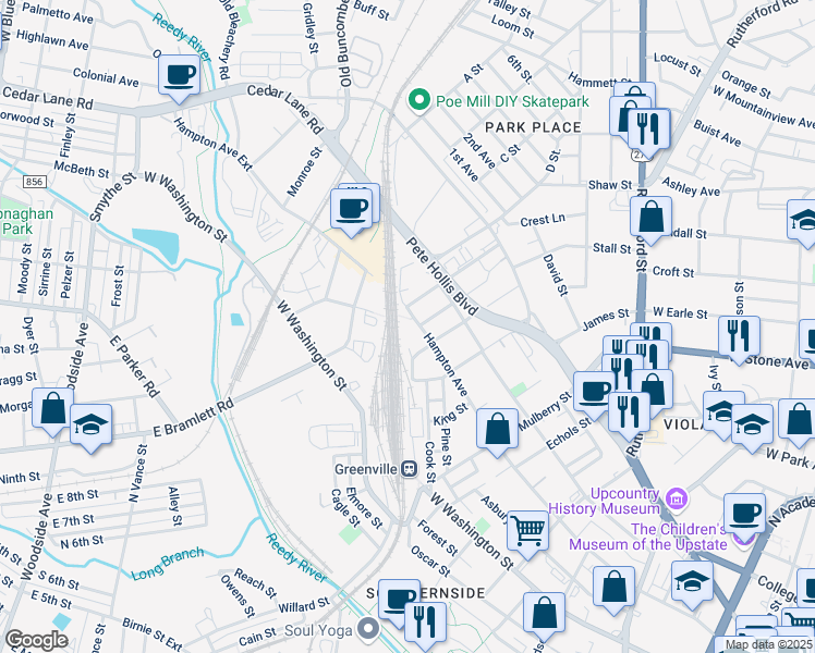 map of restaurants, bars, coffee shops, grocery stores, and more near 28 May Avenue in Greenville