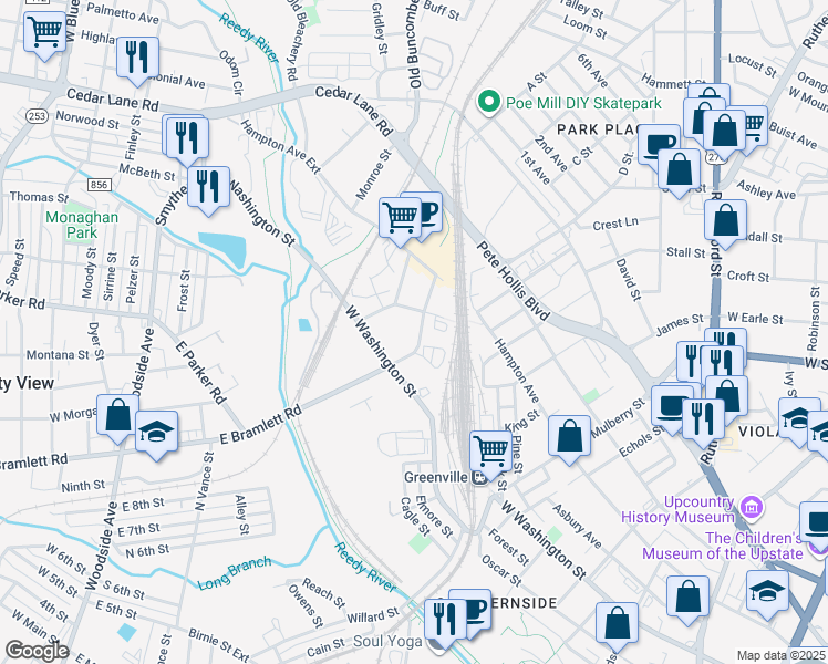 map of restaurants, bars, coffee shops, grocery stores, and more near 208 East Bramlett Road in Greenville