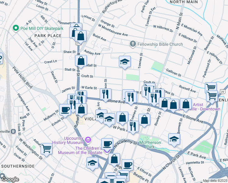 map of restaurants, bars, coffee shops, grocery stores, and more near 211 West Earle Street in Greenville