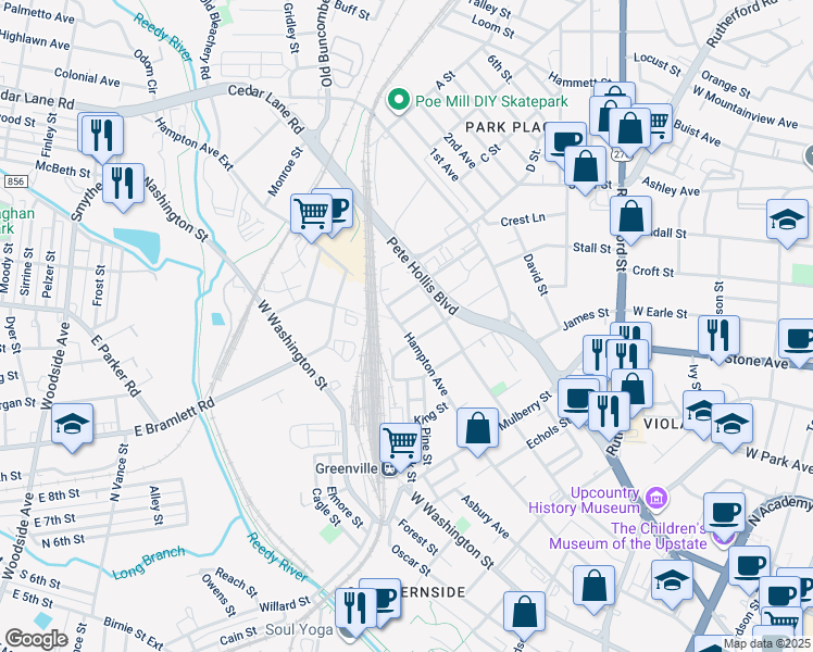map of restaurants, bars, coffee shops, grocery stores, and more near 28 May Avenue in Greenville