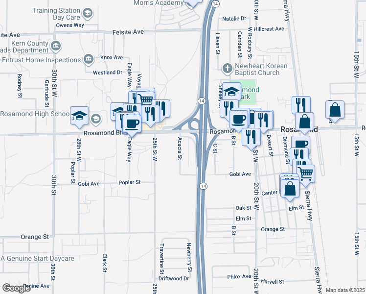 map of restaurants, bars, coffee shops, grocery stores, and more near 2920 Acacia Street in Rosamond