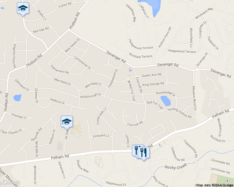map of restaurants, bars, coffee shops, grocery stores, and more near 19 Red Fox Court in Greenville