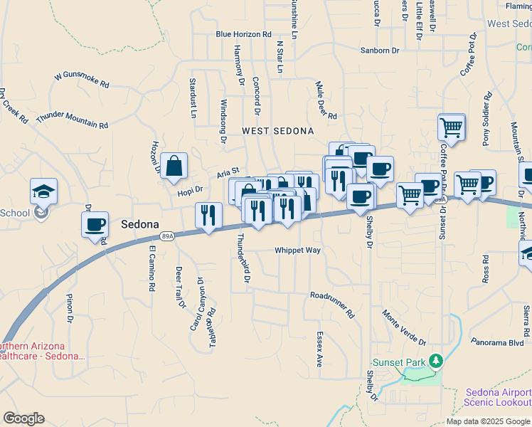 map of restaurants, bars, coffee shops, grocery stores, and more near 2620 Arizona 89A in Sedona