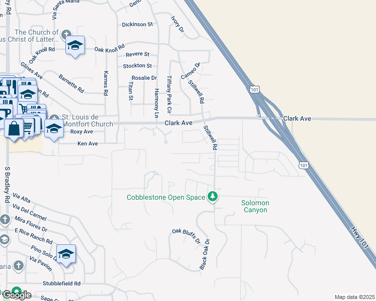 map of restaurants, bars, coffee shops, grocery stores, and more near 1555 Jensen Ranch Road in Santa Maria