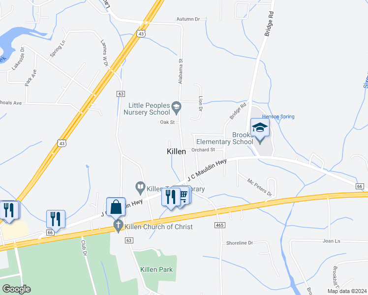 map of restaurants, bars, coffee shops, grocery stores, and more near 306 Alabama Street in Killen
