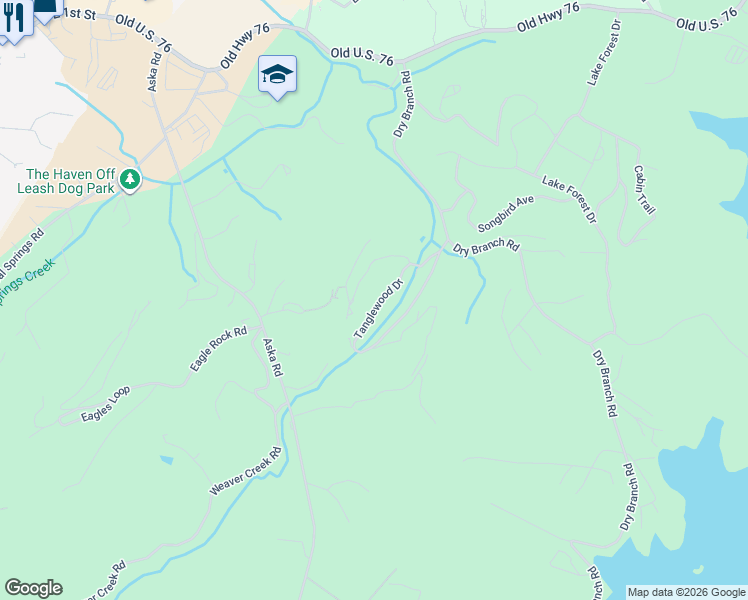 map of restaurants, bars, coffee shops, grocery stores, and more near 230 Tanglewood Drive in Blue Ridge