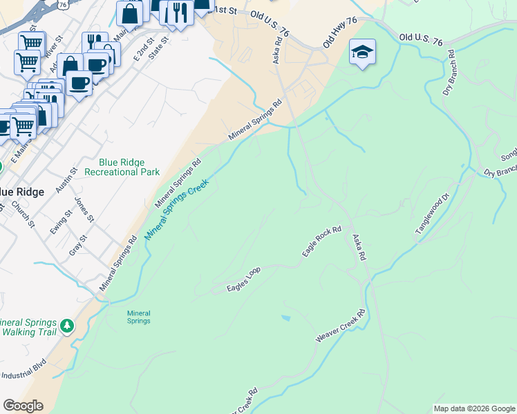 map of restaurants, bars, coffee shops, grocery stores, and more near 225 Eagles Nest Lane in Blue Ridge