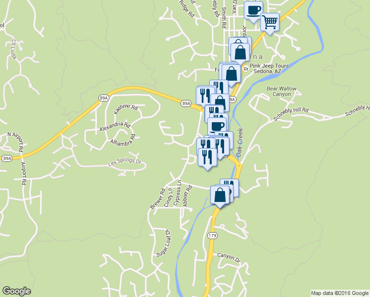 map of restaurants, bars, coffee shops, grocery stores, and more near 221 Brewer Road in Sedona