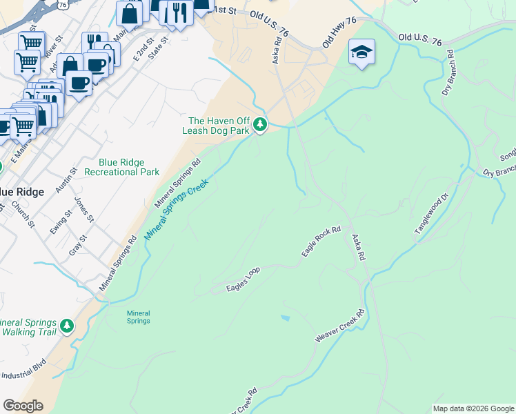 map of restaurants, bars, coffee shops, grocery stores, and more near 225 Eagles Nest Lane in Blue Ridge