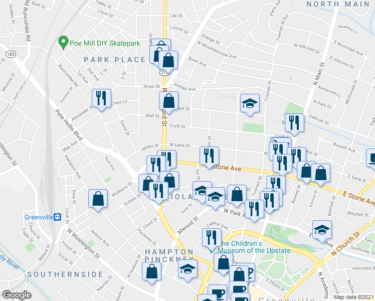 map of restaurants, bars, coffee shops, grocery stores, and more near 319 West Earle Street in Greenville
