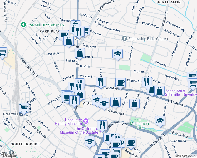 map of restaurants, bars, coffee shops, grocery stores, and more near 303 West Earle Street in Greenville