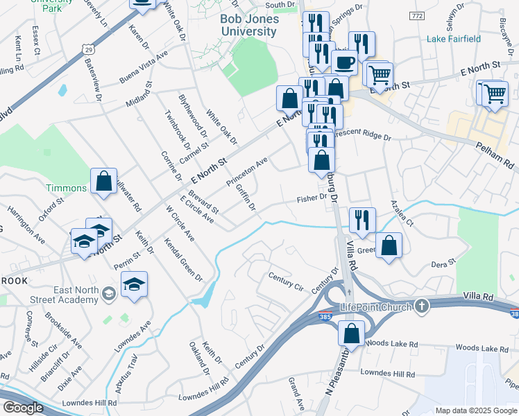 map of restaurants, bars, coffee shops, grocery stores, and more near 211 Griffin Drive in Greenville