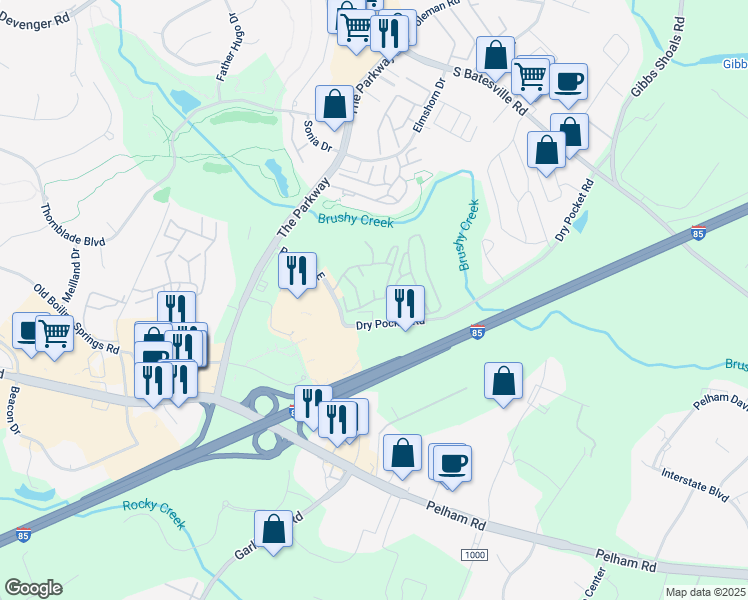 map of restaurants, bars, coffee shops, grocery stores, and more near 855 Crestmont Way in Greenville