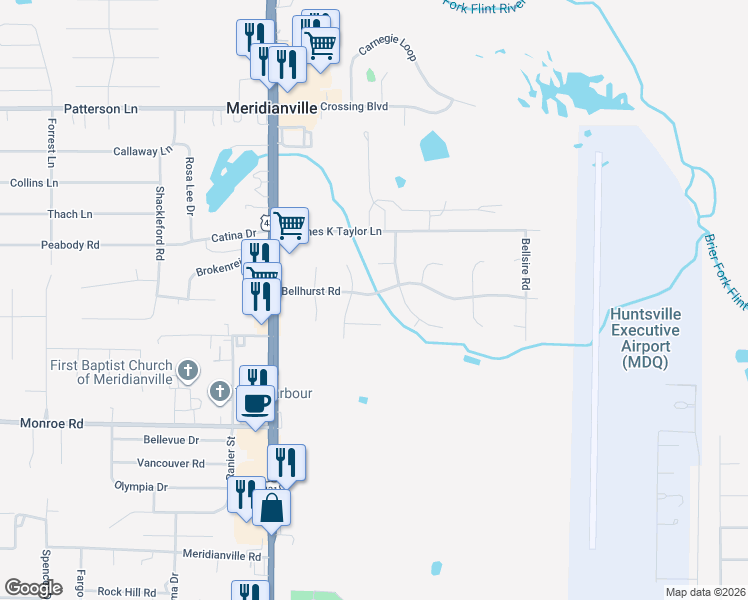 map of restaurants, bars, coffee shops, grocery stores, and more near 128 Bellhurst Road in Meridianville
