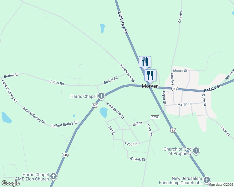 map of restaurants, bars, coffee shops, grocery stores, and more near 233 East Main Street in Morven