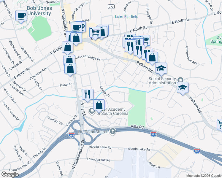 map of restaurants, bars, coffee shops, grocery stores, and more near 15 Conway Drive in Greenville