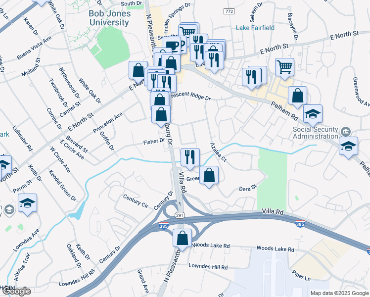 map of restaurants, bars, coffee shops, grocery stores, and more near 18 North Garden Circle in Greenville