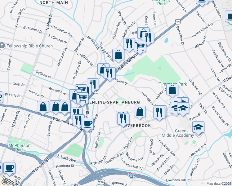 map of restaurants, bars, coffee shops, grocery stores, and more near 111 Mount Zion Avenue in Greenville