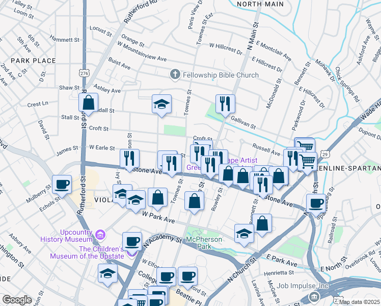 map of restaurants, bars, coffee shops, grocery stores, and more near 14 West Earle Street in Greenville
