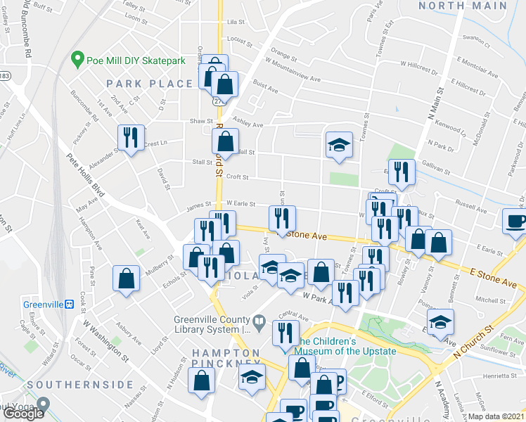 map of restaurants, bars, coffee shops, grocery stores, and more near 319 West Earle Street in Greenville