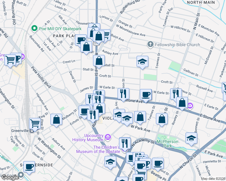 map of restaurants, bars, coffee shops, grocery stores, and more near 319 West Earle Street in Greenville
