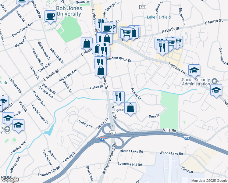 map of restaurants, bars, coffee shops, grocery stores, and more near 18 North Garden Circle in Greenville