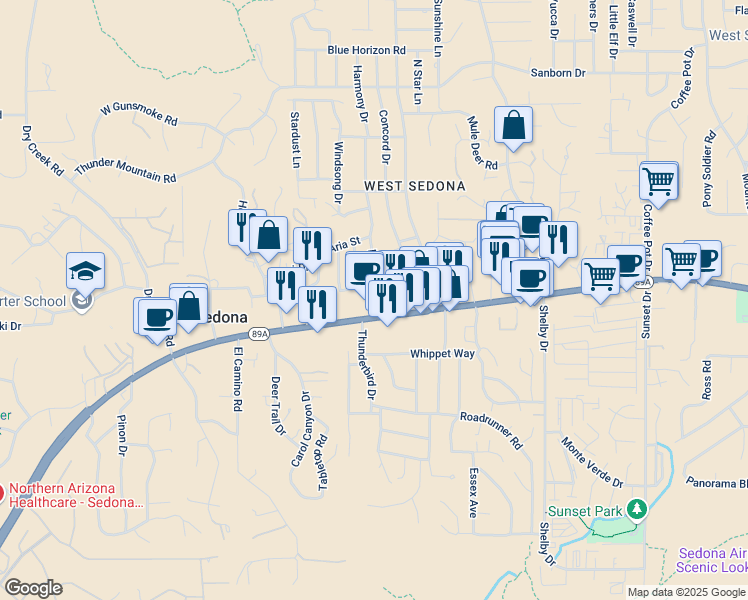 map of restaurants, bars, coffee shops, grocery stores, and more near 45 Harmony Drive in Sedona