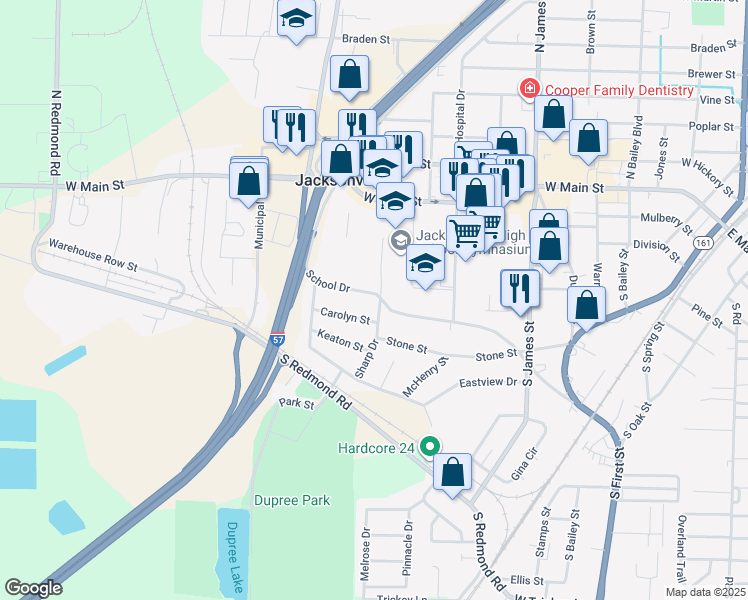 map of restaurants, bars, coffee shops, grocery stores, and more near 1501 School Drive in Jacksonville