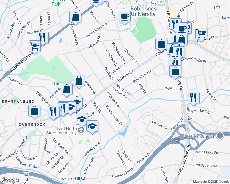 map of restaurants, bars, coffee shops, grocery stores, and more near 15513 East Circle Avenue in Greenville