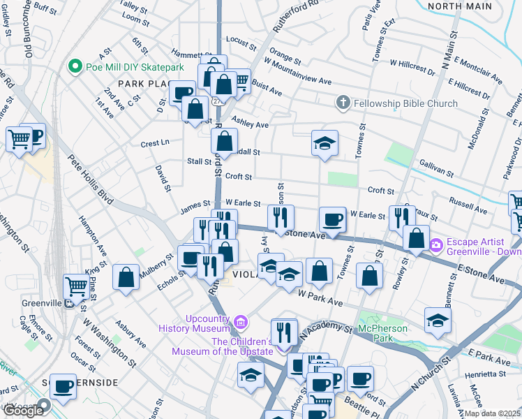map of restaurants, bars, coffee shops, grocery stores, and more near 311 West Earle Street in Greenville