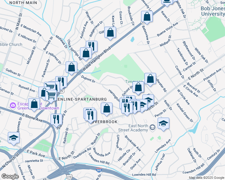 map of restaurants, bars, coffee shops, grocery stores, and more near 119 Harrington Avenue in Greenville