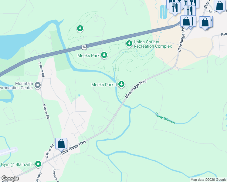 map of restaurants, bars, coffee shops, grocery stores, and more near 160 C H Colwell Drive in Blairsville