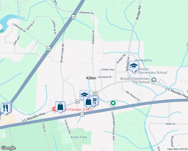 map of restaurants, bars, coffee shops, grocery stores, and more near in Killen