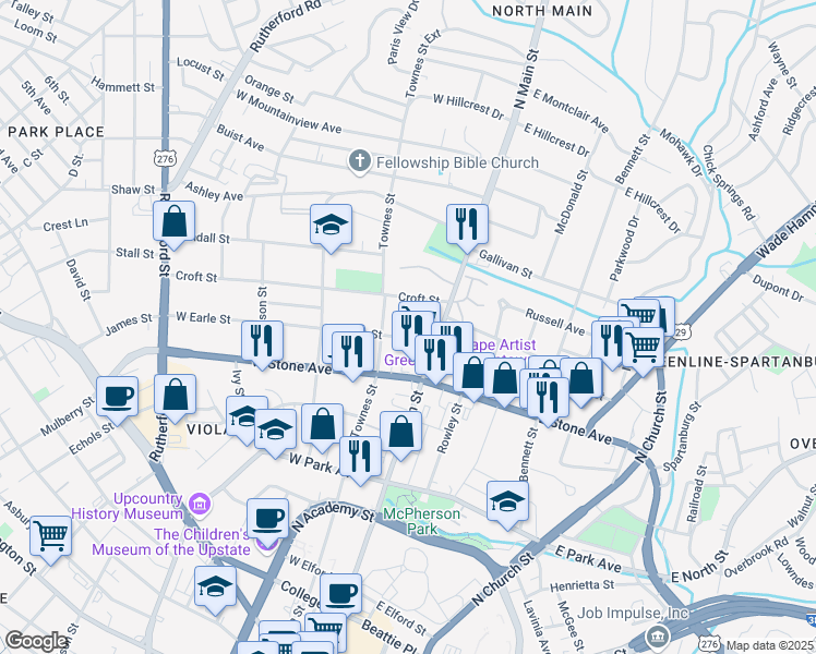 map of restaurants, bars, coffee shops, grocery stores, and more near 14 West Earle Street in Greenville