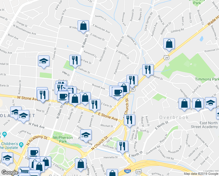 map of restaurants, bars, coffee shops, grocery stores, and more near 311 Russell Avenue in Greenville