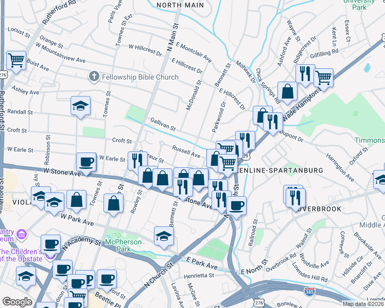 map of restaurants, bars, coffee shops, grocery stores, and more near 199 Russell Avenue in Greenville