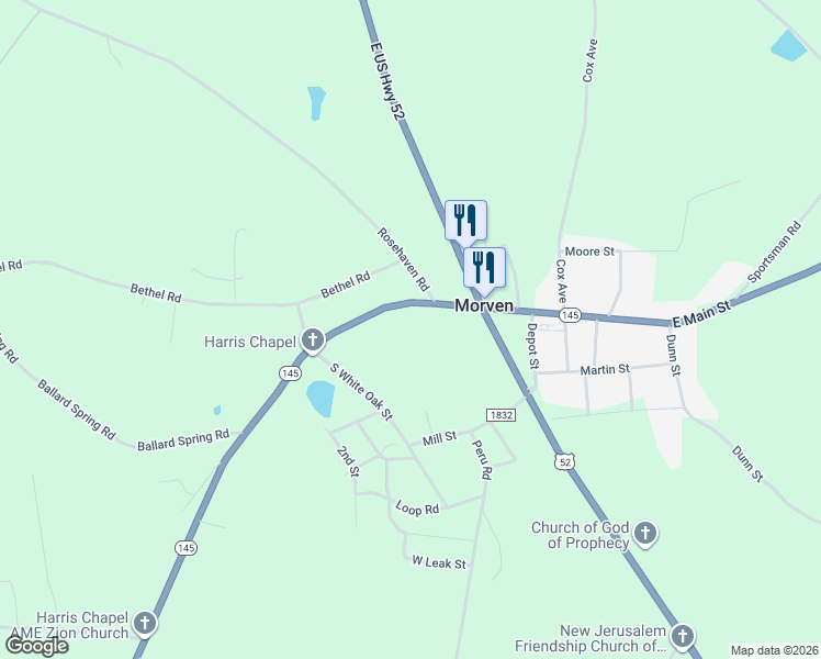 map of restaurants, bars, coffee shops, grocery stores, and more near 203 Main Street in Morven