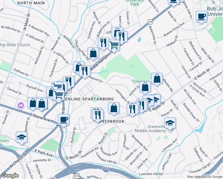 map of restaurants, bars, coffee shops, grocery stores, and more near 12382 Harrington Avenue in Greenville